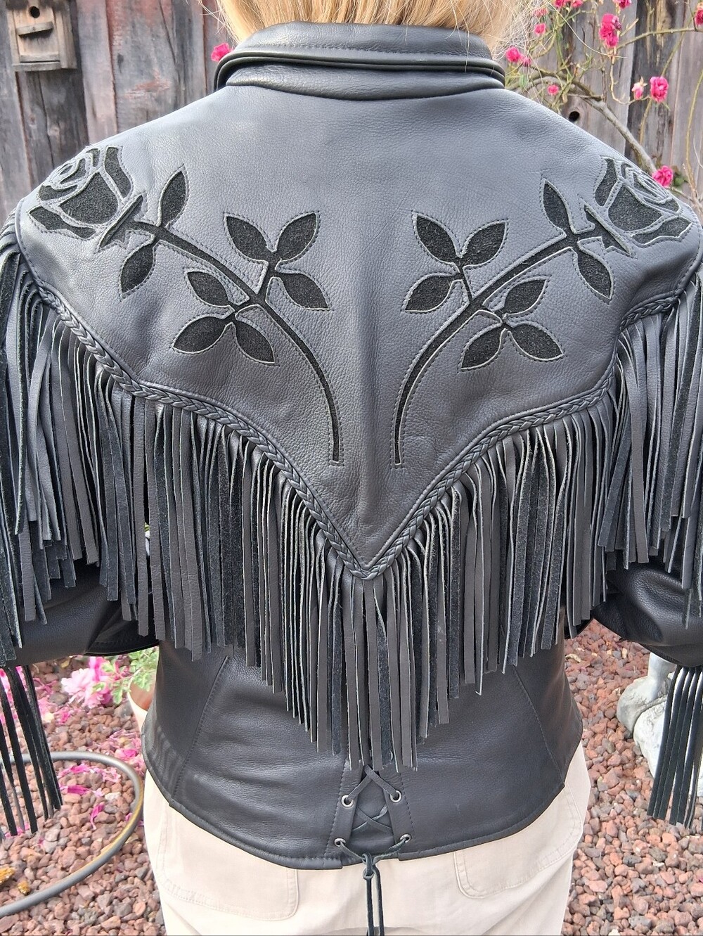 Fashions By Rose Cutouts Fringe Leather Biker Jacket Black Sz 18 XL Braided Trim